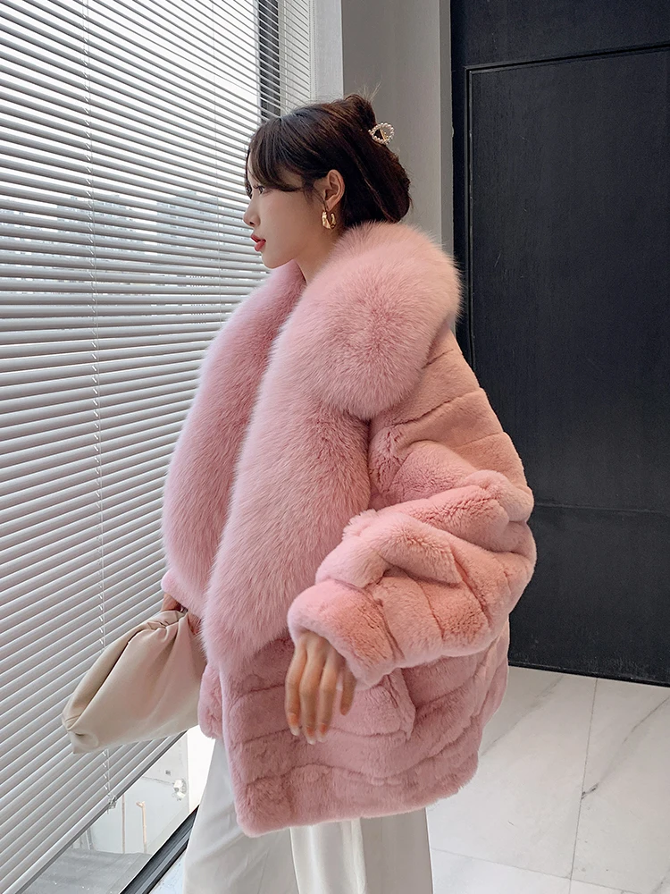 Imagem -04 - Furyoume Real Rex Rabbit Fur Coat para as Mulheres Cabolsa Quente Grosso com Fox Fur Collar Luxo Chinchilla Sobretudo Inverno