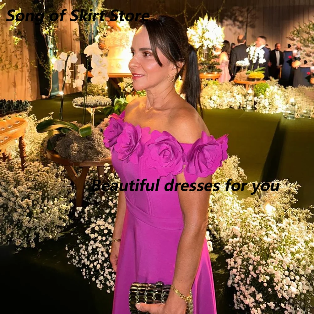 Rose Red Mother of The Bride Dress Customized Off The Shoulder Flowers A Line Floor Length Wedding Guest Dresses Evening Gown