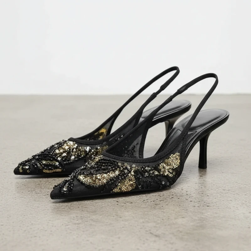 

2026 New Arrival Women Pointed Toe High Heels Sequins Mesh Slingback Pumps Elegant Party Wedding Dress Shoes