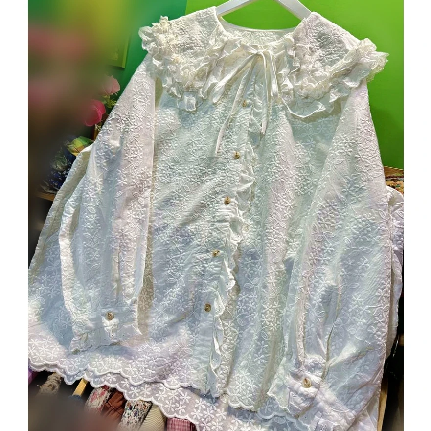 

Women Cotton Ruffled Lace Rococo Sweet Lolita Mori Girl Autumn White Shirt 2025 Victorian Vintage Retro Cottage Core Blouse Tops