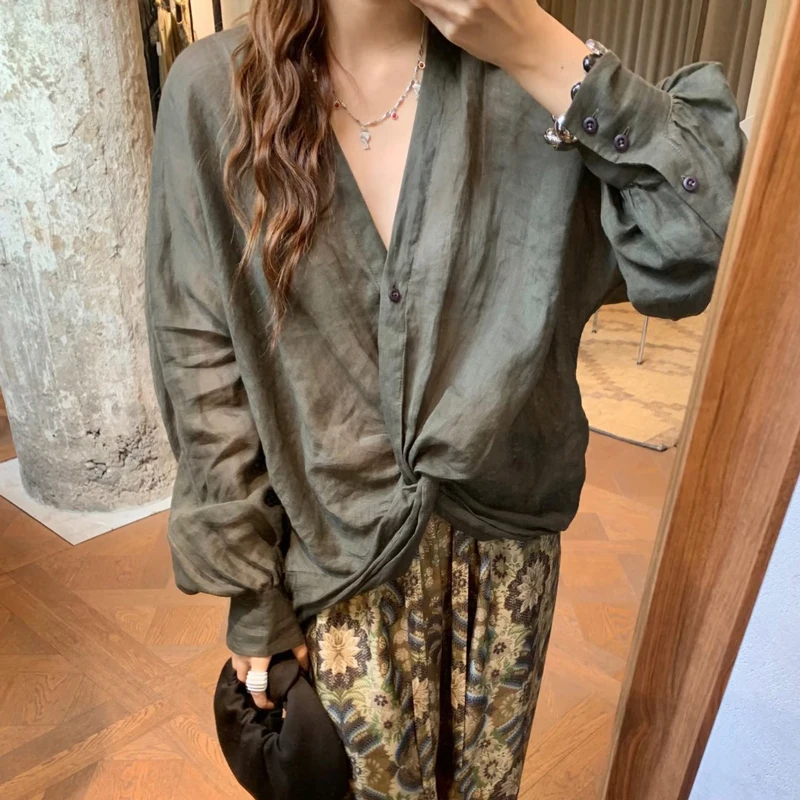 

Loose Long Sve V-Ne Women's irt Casual Draped Design Comfortable Breathable Faionable Commute High-End Feeling irt