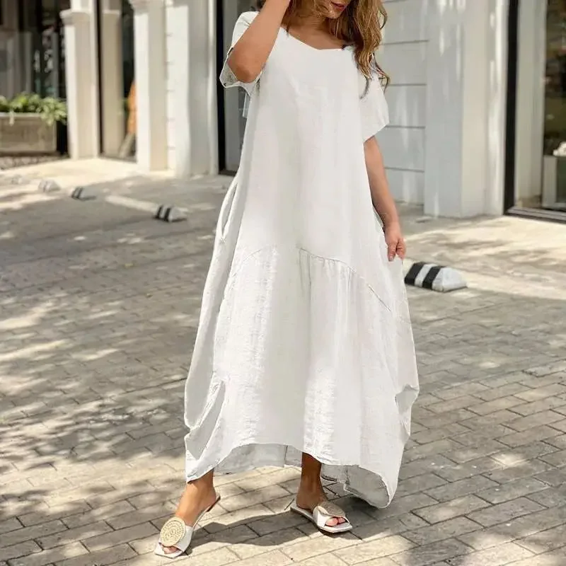 Women Literary Style Solid Color Loose Cotton Linen Dress Summer O Neck Pullover Casual Dresses Female Side Double Pockets Gown