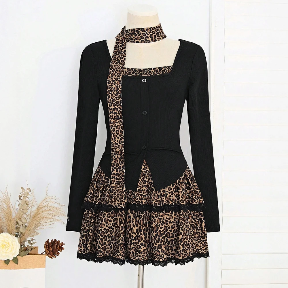 

Mia Muse Select Women's Sets Autumn Fashion Leopard Print Lace Button Long Sleeve Square Neck Mini Dating Layered Skorts Sets