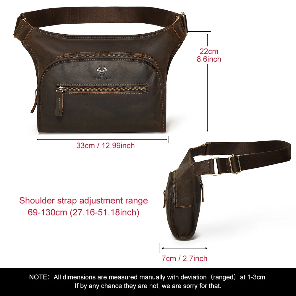 HUMERPAUL Crazy Horse Leather Waist Belt Pack for Men Classic Retro Crossbody Bag Multifunction Outdoor Mobile Phone Bag