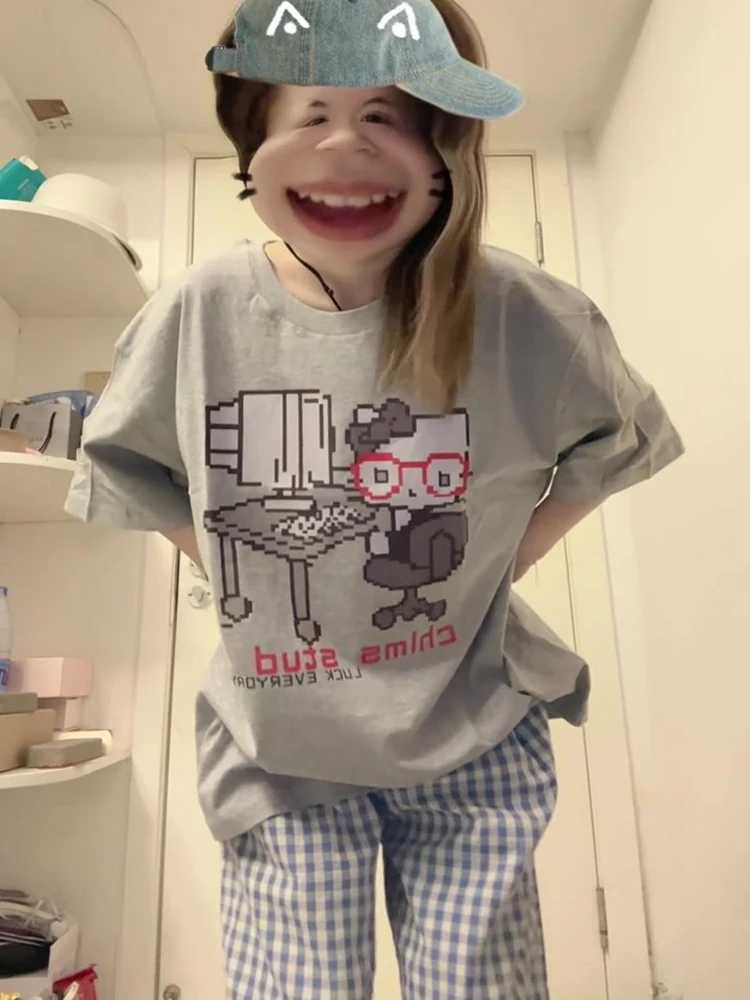 

ey American Sle Loose Women's T-irt ort Sve Cartoon Print Summer Faionable Top Korean Sle round Ne Cotton