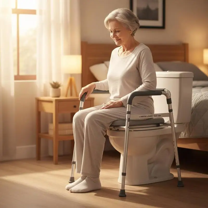 Chaise de toilette avec siège et accoudoirs rembourrés, réglable en hauteur sur 7 niveaux, bac amovible de 5,8 L, facile à assembler, capacité de 158 kg, siège de toilette surélevé