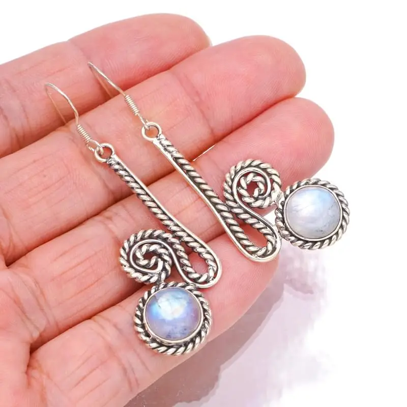 StarGems Natural Rainbow Moonstone Handmade 925 Sterling Silver Earrings 2 1/4