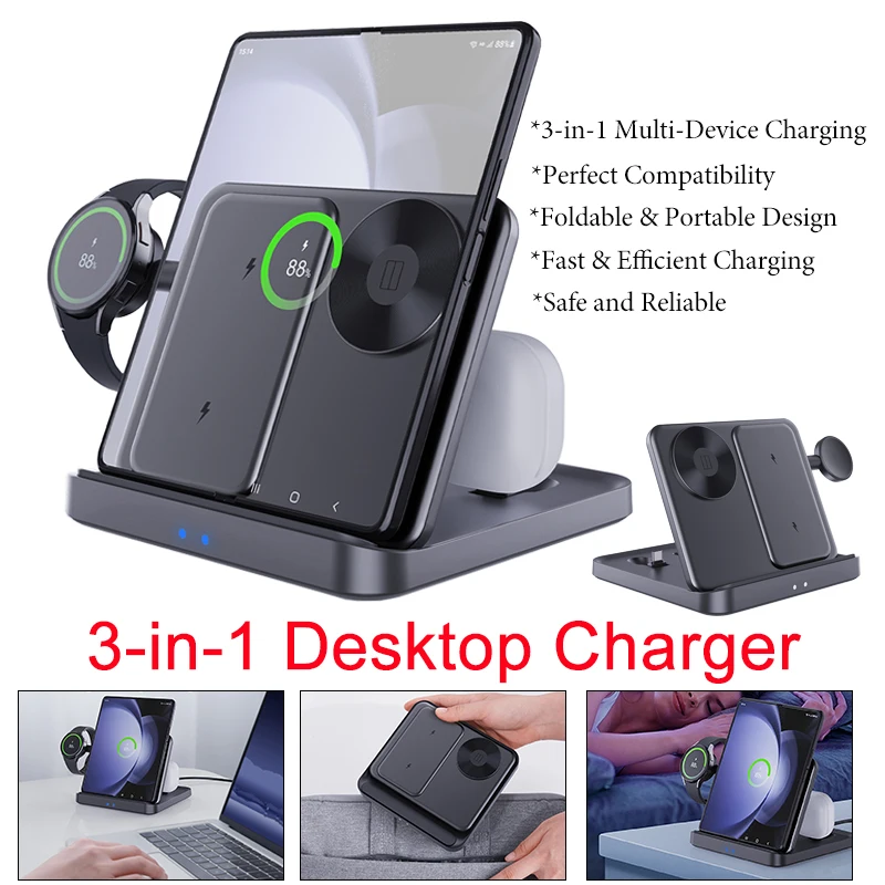 Foldable 3 in 1 Charger Wireless Fast Charging Station for Samsung Galaxy Z Fold7 Z Flip5 Phone Watch Earbuds Desktop Charger