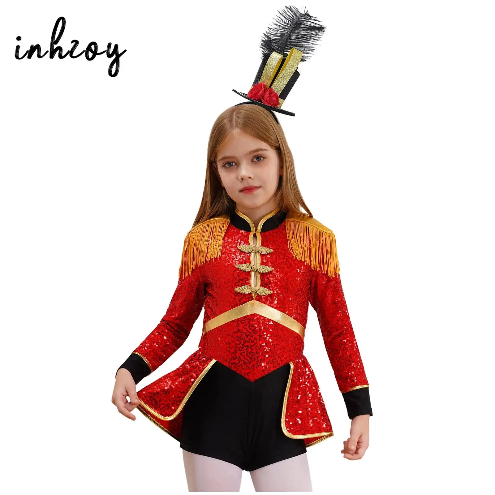 Circus Ringmaster Costume for Girls Halloween Carnival Party Sequins Dance Leotard Dress with Hat Marching Band Drummer Outfit