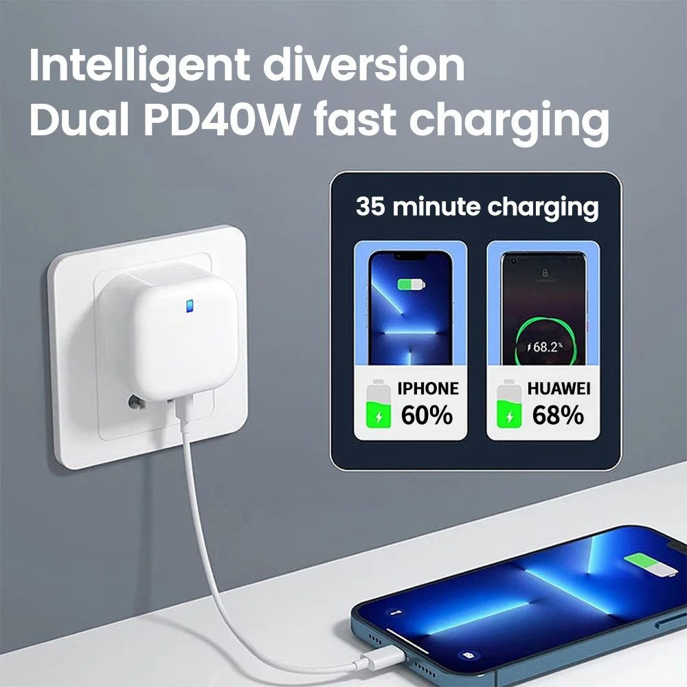 Dual PD40W Fast Charging Type C Charger QC 3.0 Quick Charger Mobile Phone Charger Adapter For iPhone 16 15 Xiaomi Sumsung Huawei