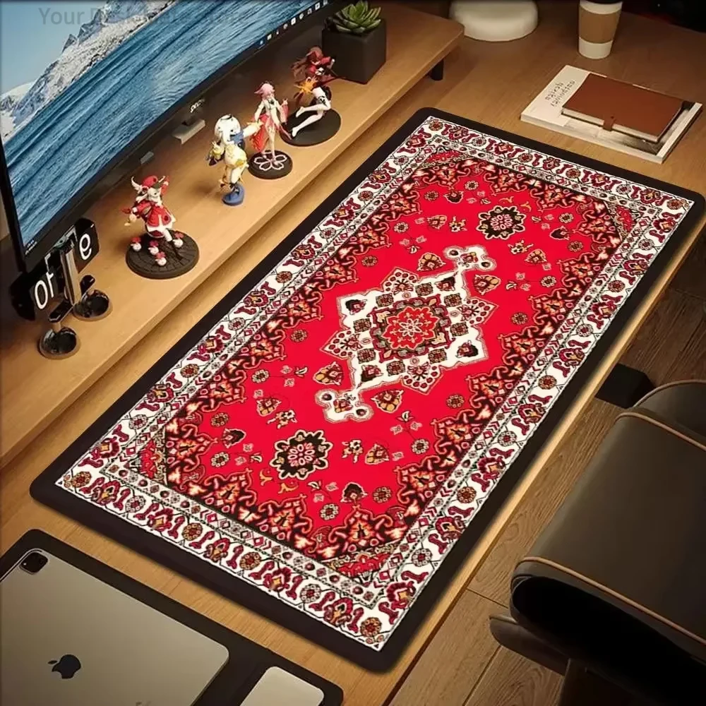 Red Persian Rug Pattern Mouse Pad Waterproof Non-Slip Vintage Ethnic Style Large Gaming Desk Mat Traditional Ornament Office Pad