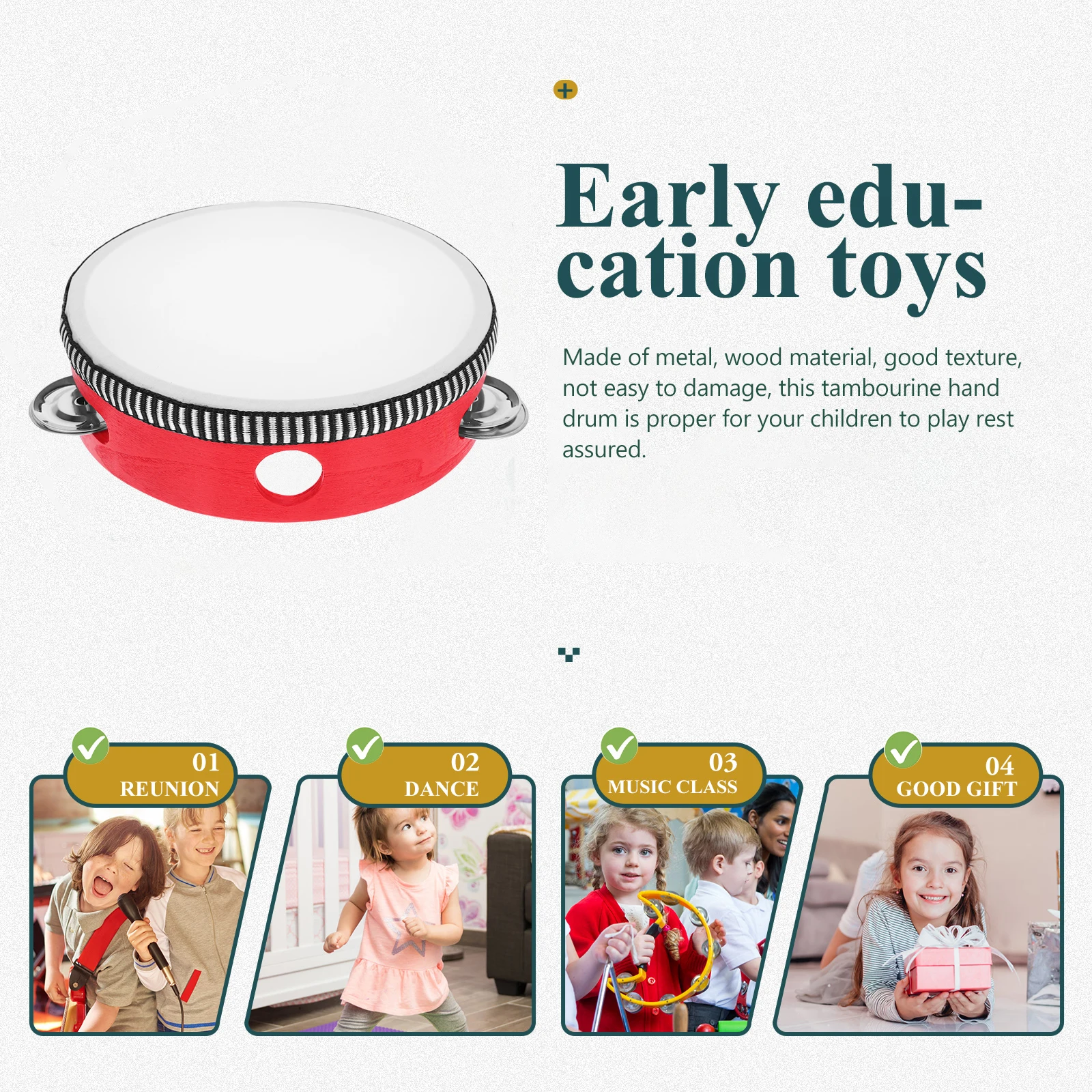 

Wooden Tambourine Hand Drum Kids Percussion Instrument Educational Music Toy Bell Drum Musical Accessory