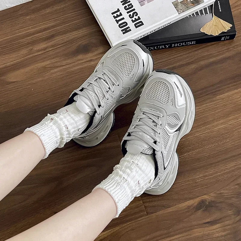 

Women's Sneaker Breathable Lace Anti-slip Up Women Shoes Silver Smooth Four Seasons Mesh Leisure Versatile Zapatillas De Deporte