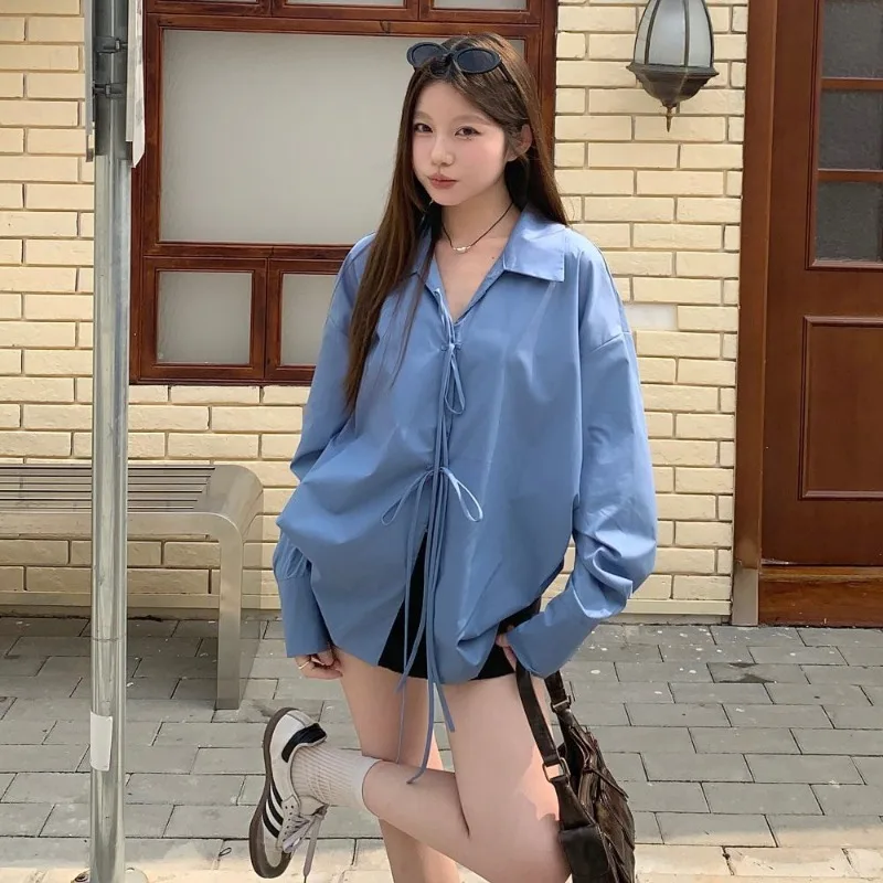 ديبتاون الأزرق الدانتيل يصل الخامس الرقبة النساء القمصان خمر طويلة الأكمام الكورية موضة فضفاضة البلوزات بلون عادية الفرنسية أنيقة