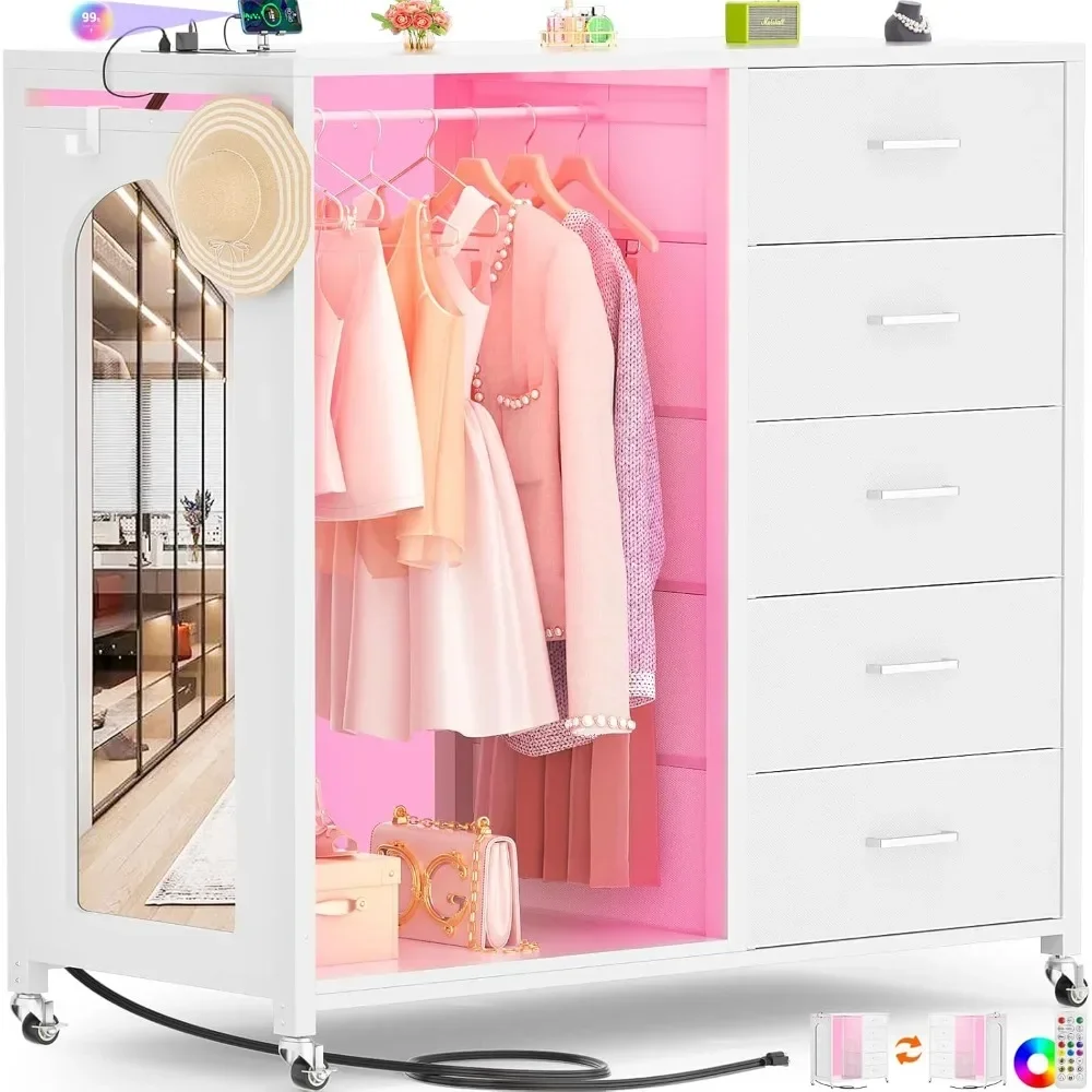 Children's wardrobe with clothes hanger and mirror, white 5-drawer wardrobe with charging station LED lights, drawers can roll