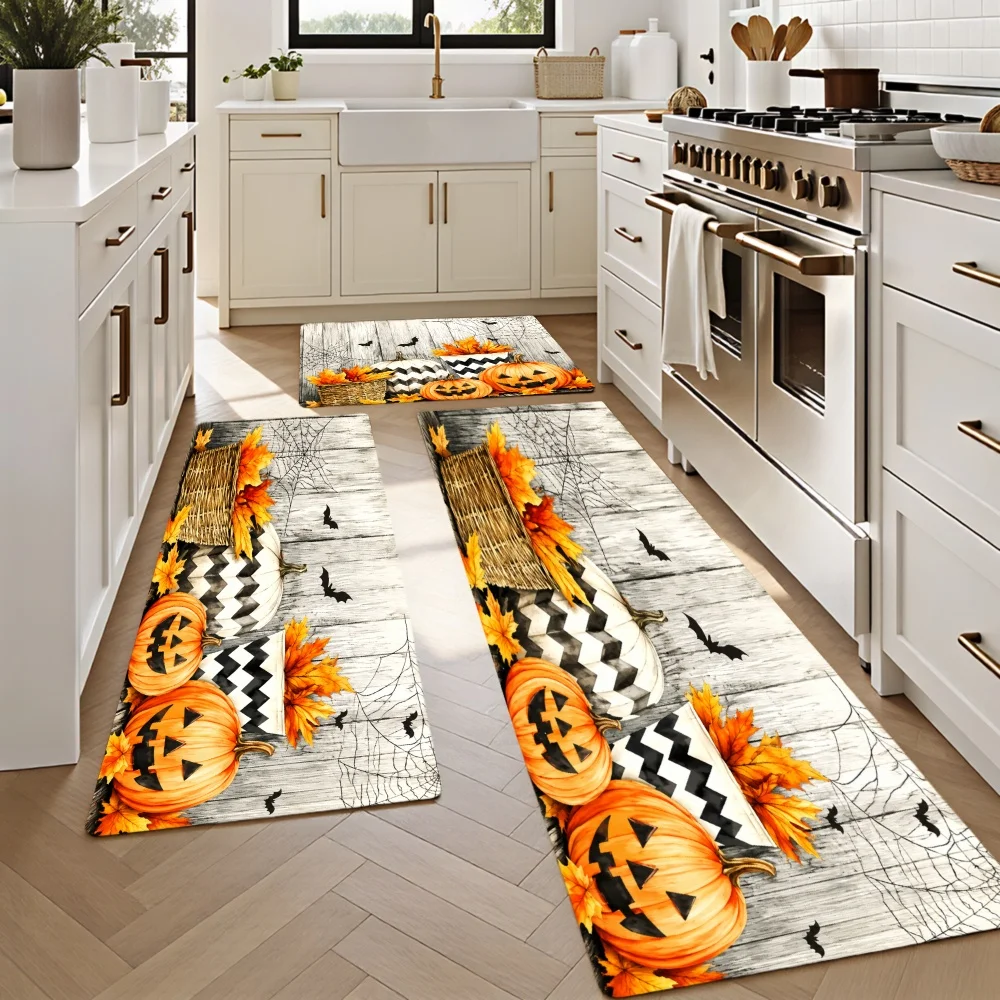 1/2/3pcs Kitchen Rugs, Welcome Door Mat Set, Home Halloween Decoration for Front Door, Kitchen, Bathroom, Halloween Pumpkins Leaves Spiderwebs Chevrons Black Cats Pattern Print Design Dining Mat, Housewarming Party Gift.