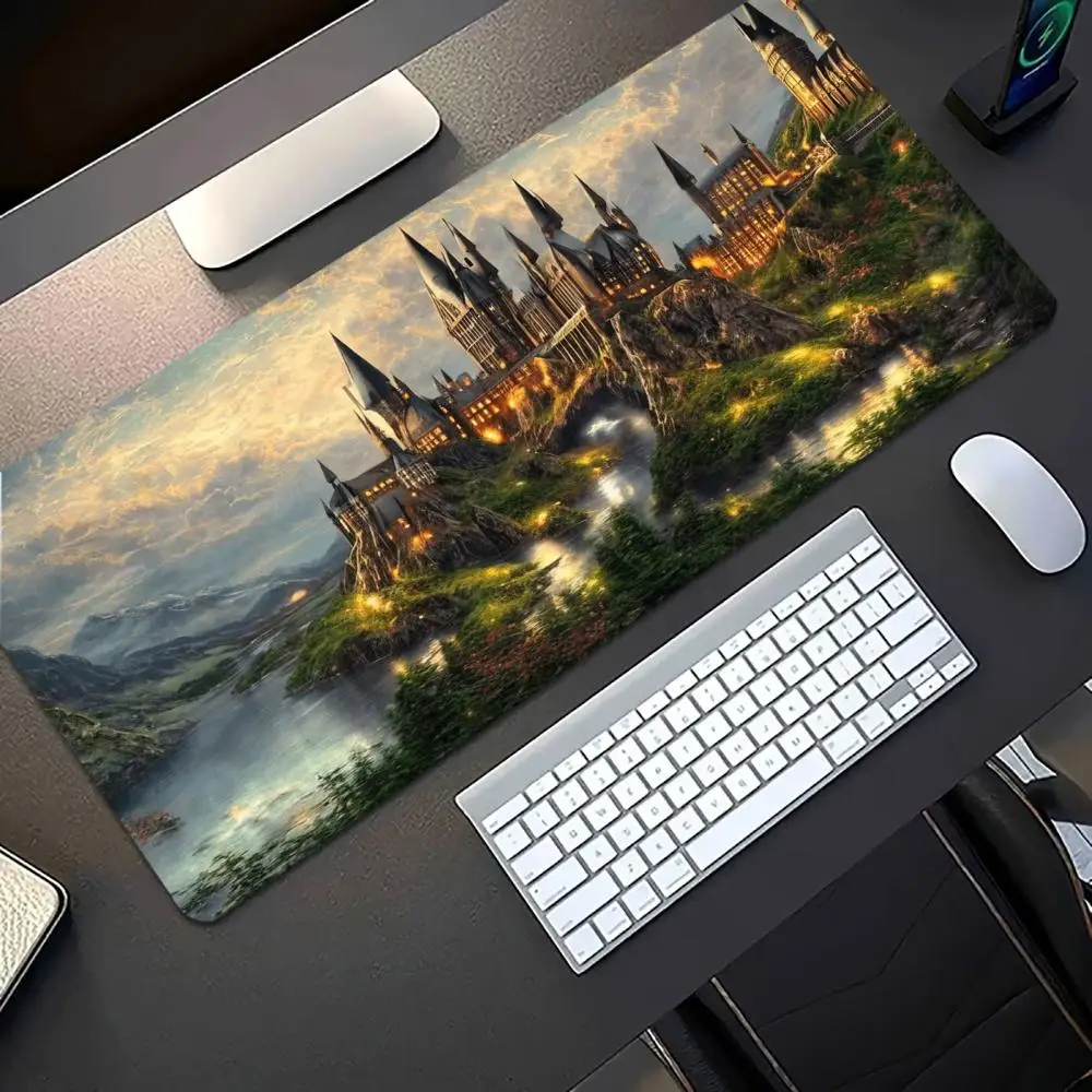 Sunset Wizard Castle Print Gaming Mouse Pad Large Desk Mat Anti-Slip Rubber Base Stitched Edge Keyboard Mat For Workstation
