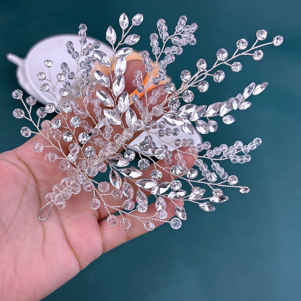

DZ294 Fashion Romantic Bride Beaded Headband Crystal Wedding Tiara Side Headpiece Ladies Headwear Gemstone Woman Party Tiara