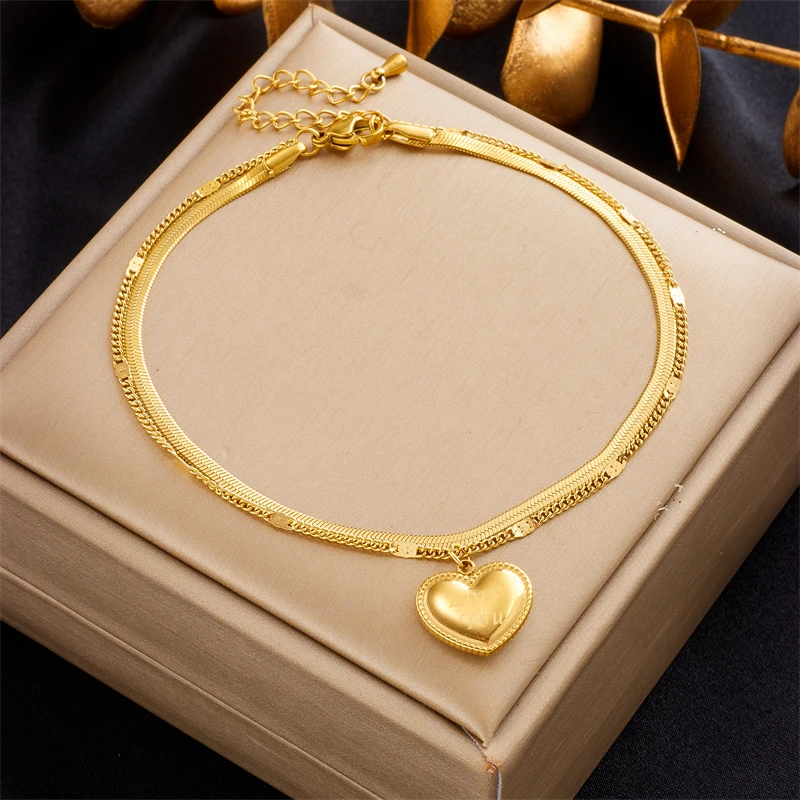 XIYANIKE 316L Stainless Steel Anklets For Women Luxury Gold Color Double Layer Heart Bracelet Waterproof Summer Beach Jewelry