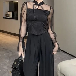 Korean See Through Mesh Patchwork Lace Up Stand Up Collar Hollowed Out Long Sleeved Shirt Women Summer Fashionable and Elegant