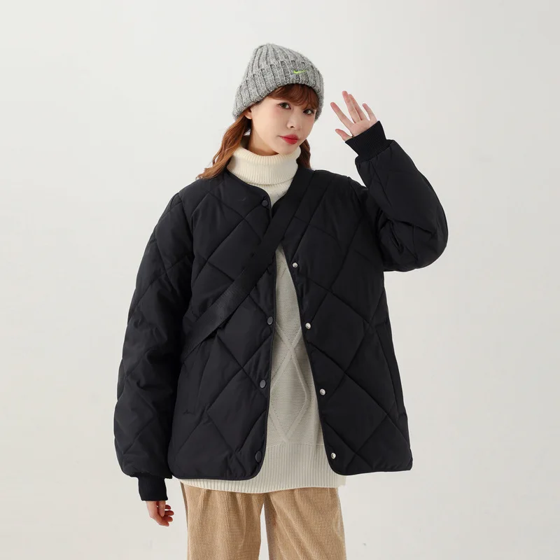 Short Women's Round Neck Light Cotton Jacket 2025 New Style No Collar Seam Cotton Jacket Autumn and Winter Warm Jacket