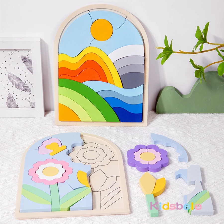 مونتيسوري خشبية قوس قزح غير النظامية لغز مجلس لعبة ثلاثية الأبعاد لعبة حسية لعبة طفل شكل التعرف على الألوان اللبنات هدية حفلة
