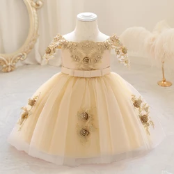 Toddler Flower Party Baby Dresses Christmas Tulle Beading Embroidery 1st Birthday Princess Girls Dress Red Wedding New Year Gown