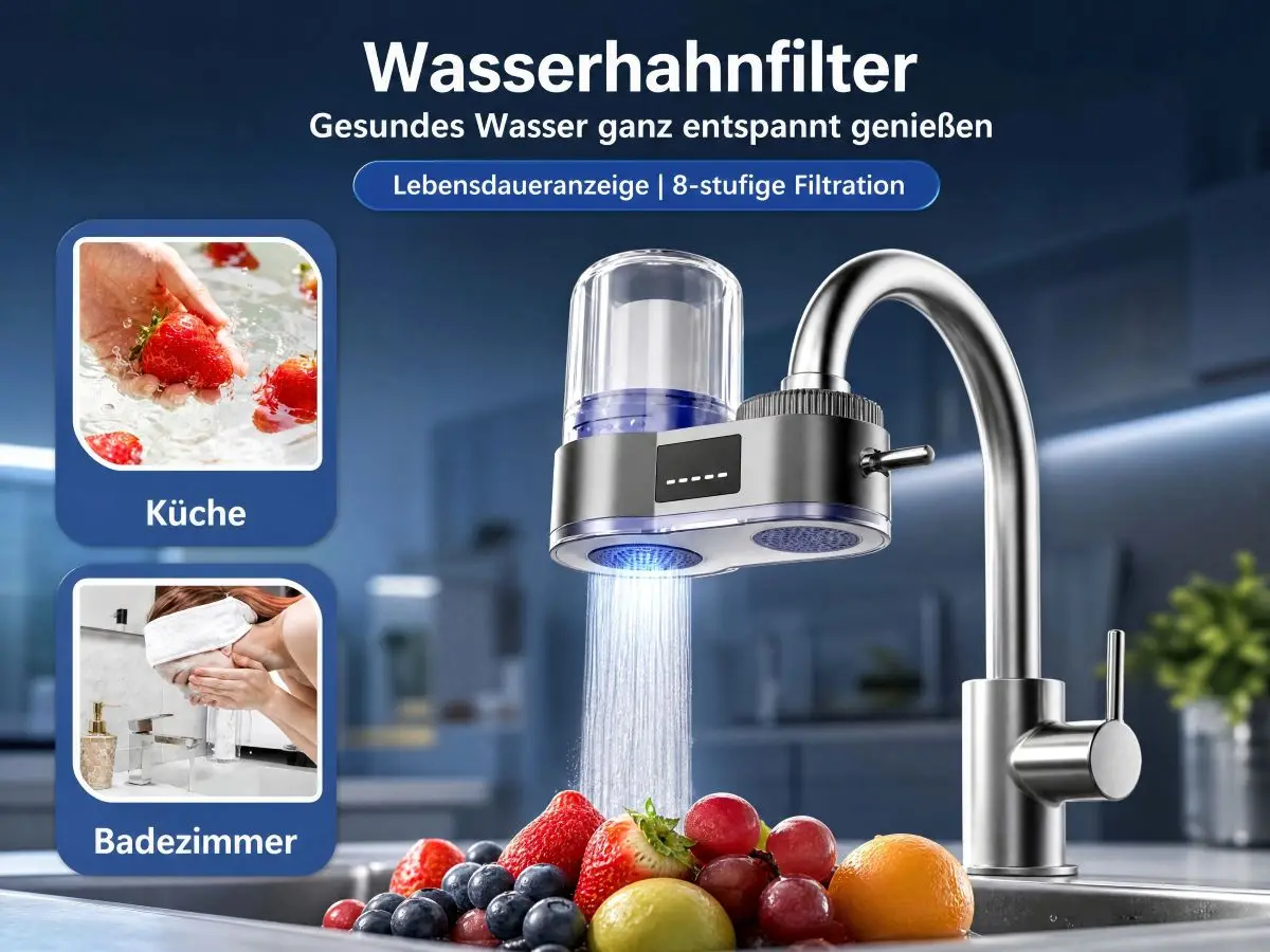 Raorio Wasserhahn-Filter, Leitungswasser-Reiniger, Kalk- und Chlorreduktion, Doppelauslass, Waschbarer Filter, Küche & Bad – Detail 1