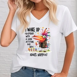 Cartoon Ice Cream Chicken Fashion T Shirt Women's Short Sleeve Humor Animal Quotes T-shirts I Wake Up Then Idiots Happen Tshirt