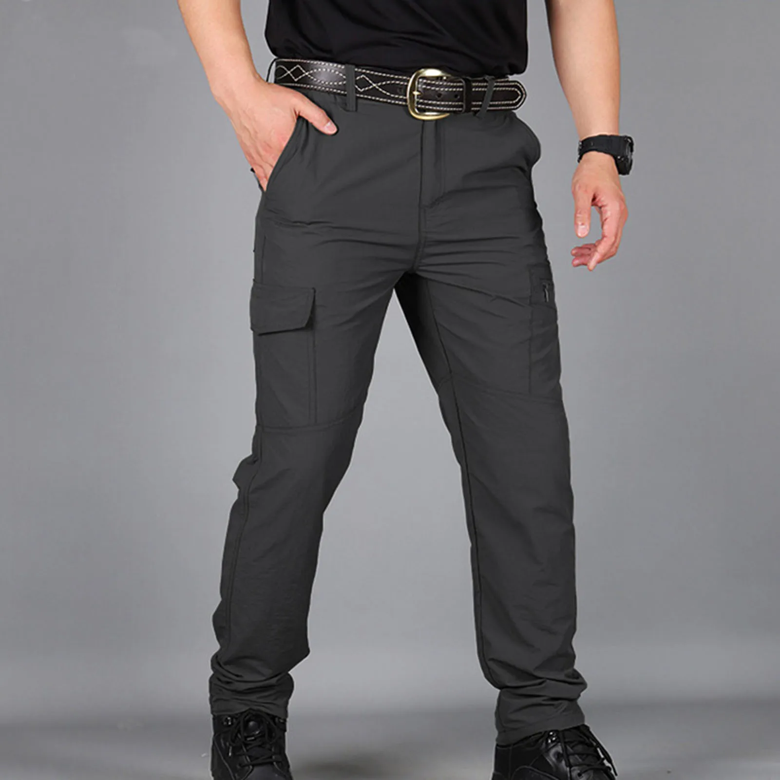 New Hot Men's Street Casual Cargo Pants Elastic Waist Pants with Multiple Pockets for Exercise Fitness School Climbing