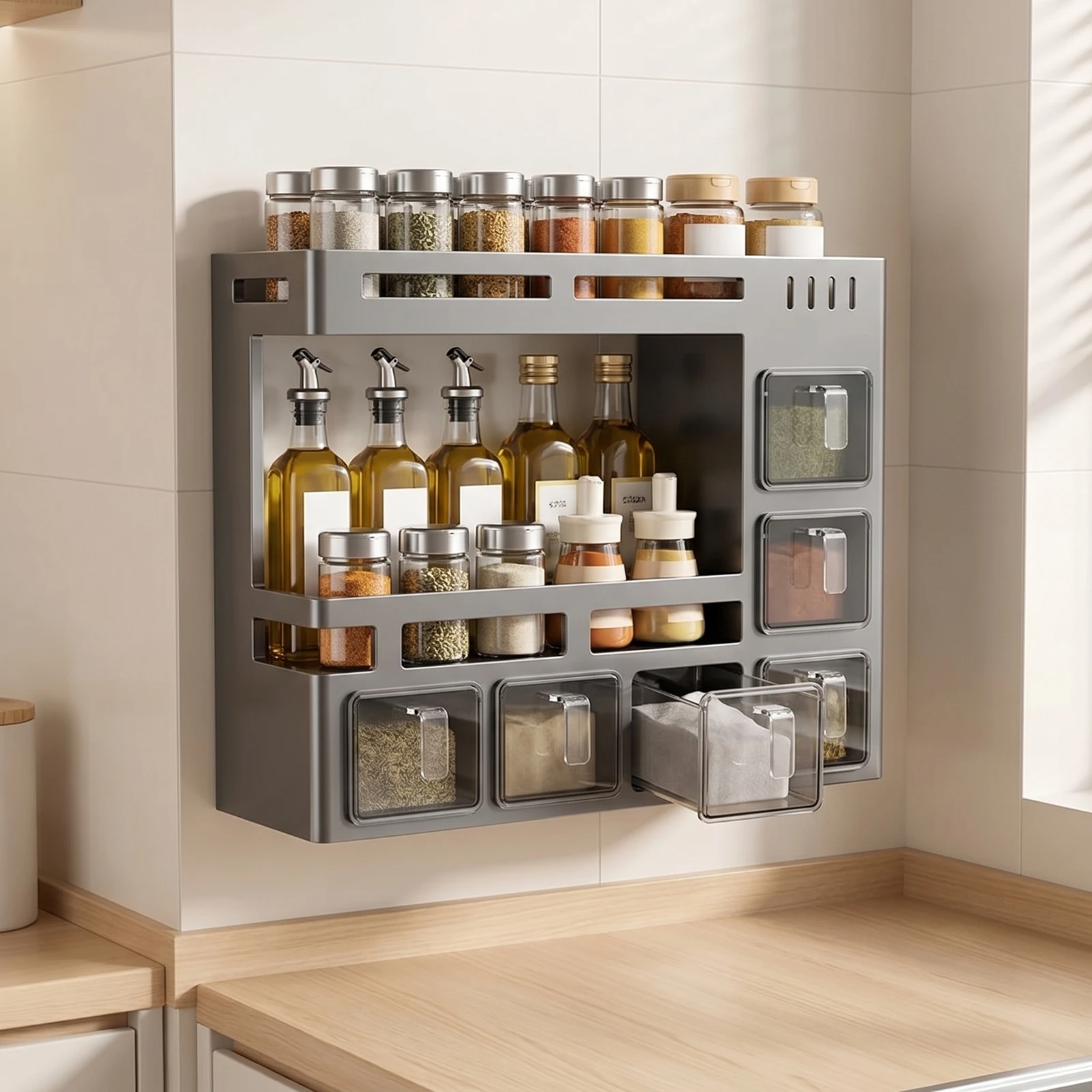Wall Mounted Seasoning Rack Rectangular Wall Seasoning Rack Sturdy Stable for Kitchen, Rental Kitchens
