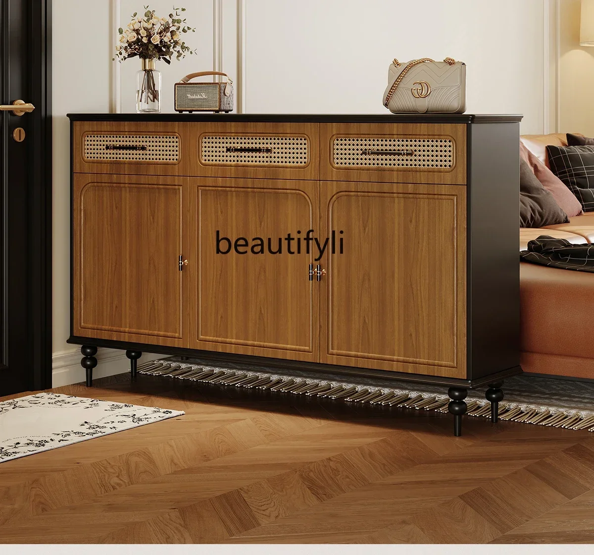 

Medieval shoe cabinet rattan household solid wood retro home American large-capacity multi-layer super large entrance cabinet