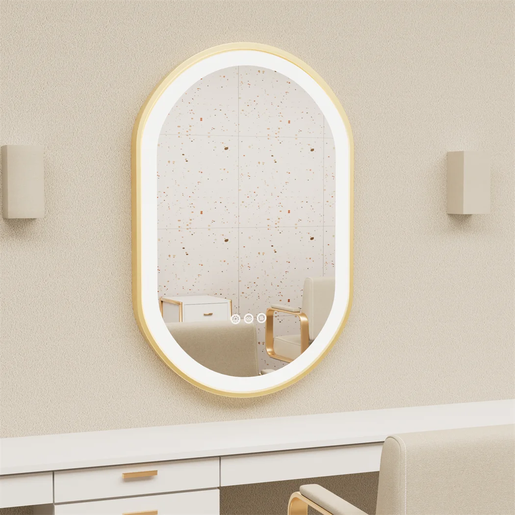 LUVODI Gouden Ovale LED Verlichte Badkamerspiegel met Aluminium Frame en Ontwasemingssysteem, Luxe Badkamer Decoratieve Wandspiegel