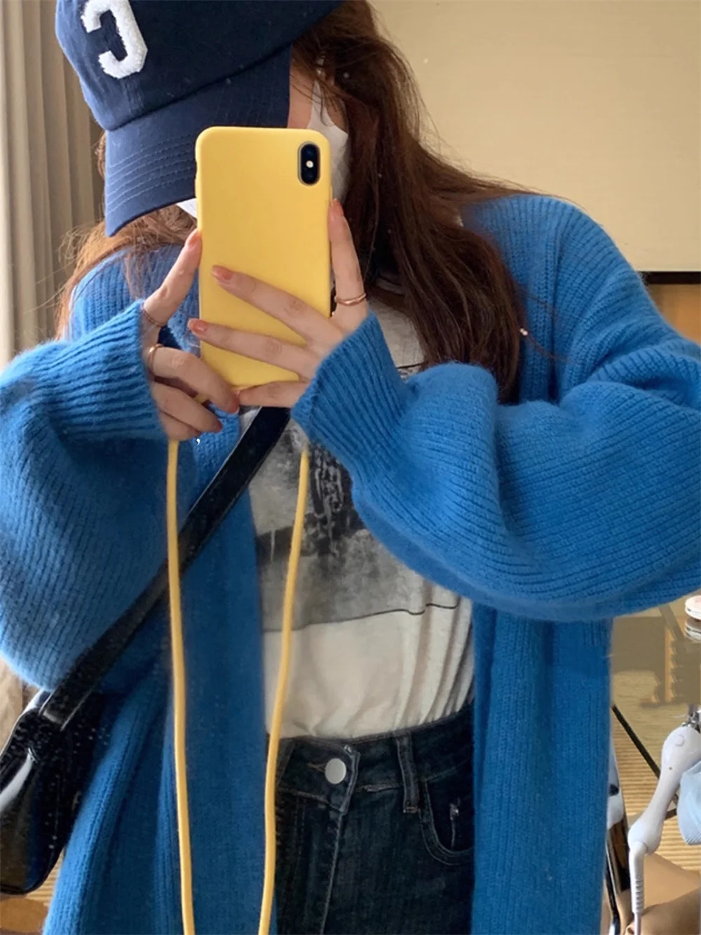 

Koderly синий длинный свободный вязаный кардиган, винтажный универсальный тяжелый рабочий женский свитер на пуговицах, пальто