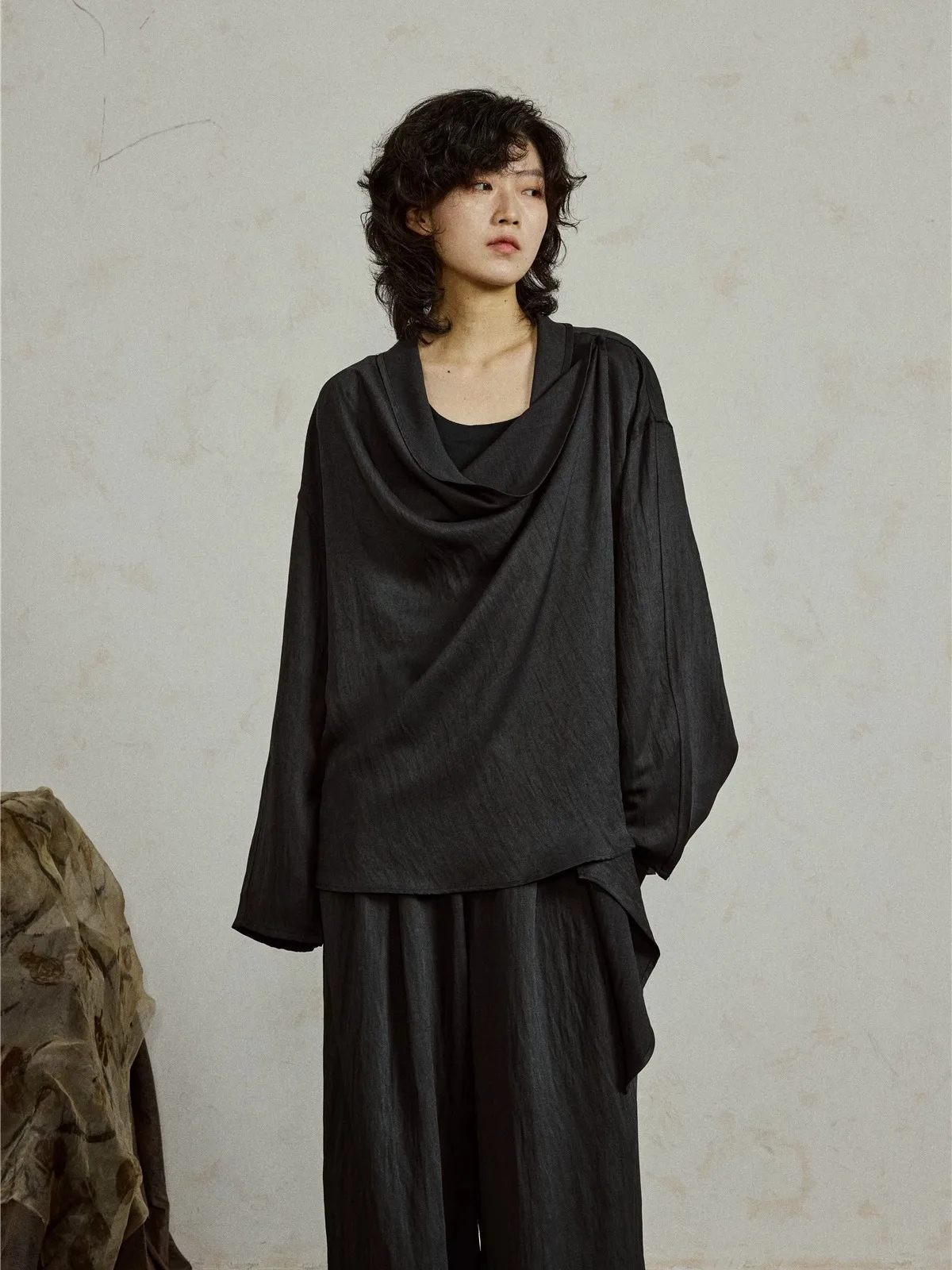 

Sunyvonne Long Sve Cross Design Chinese Sle irt V Ne Loose Fit Women's Faion Spring Autumn Polyester Fiber
