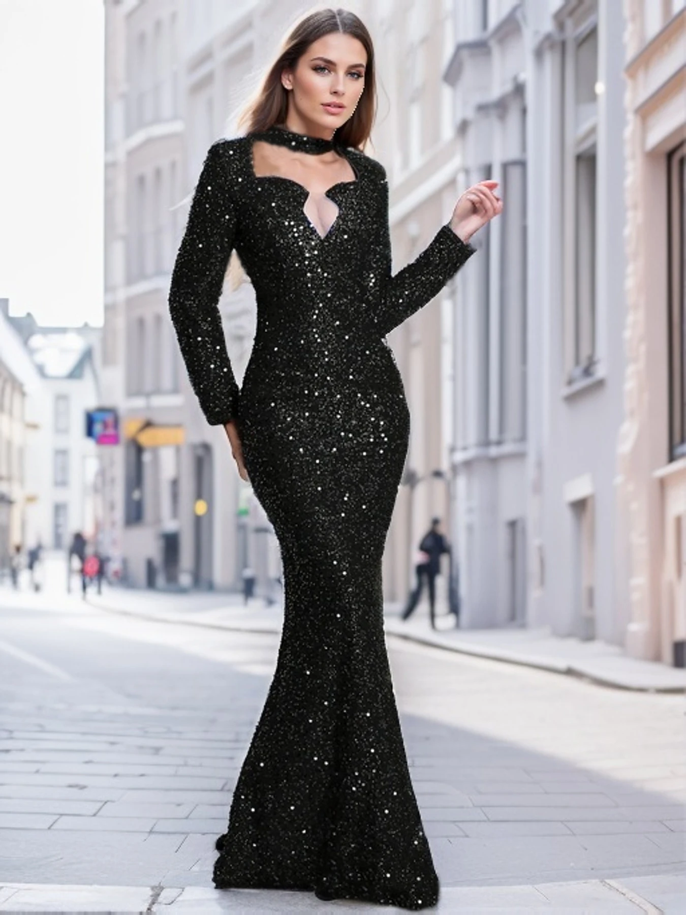 Pailletten O-Hals Holle Laag Uitgesneden Mesh Bodycon Feestjurk Blauwe Zeemeermin Vrouwen Vloerlengte Avondjurken 2024 Winter