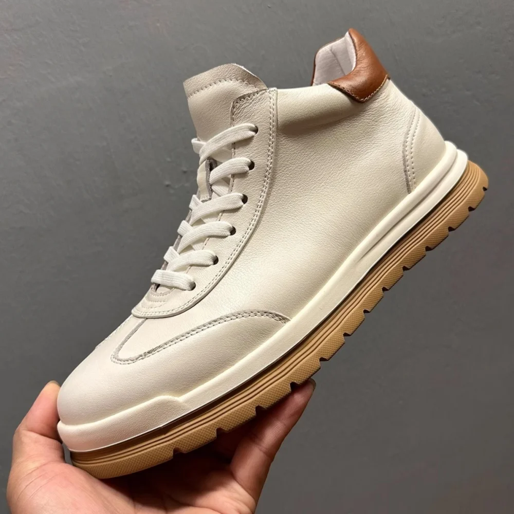 

QHCCID Men's Casual Shoes Genuine Leather Breathable round Toe Lace-Up Thick Bottom Cowhide Sports Shoes