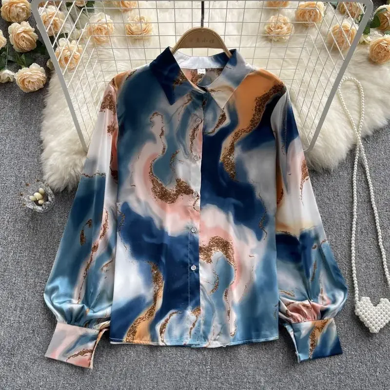 2023 Spring and Autumn Women\'s New Fashion Tie Dyed Polo Collar Long Sleeve Shirt Loose Temperament Casual Versatile Shirt