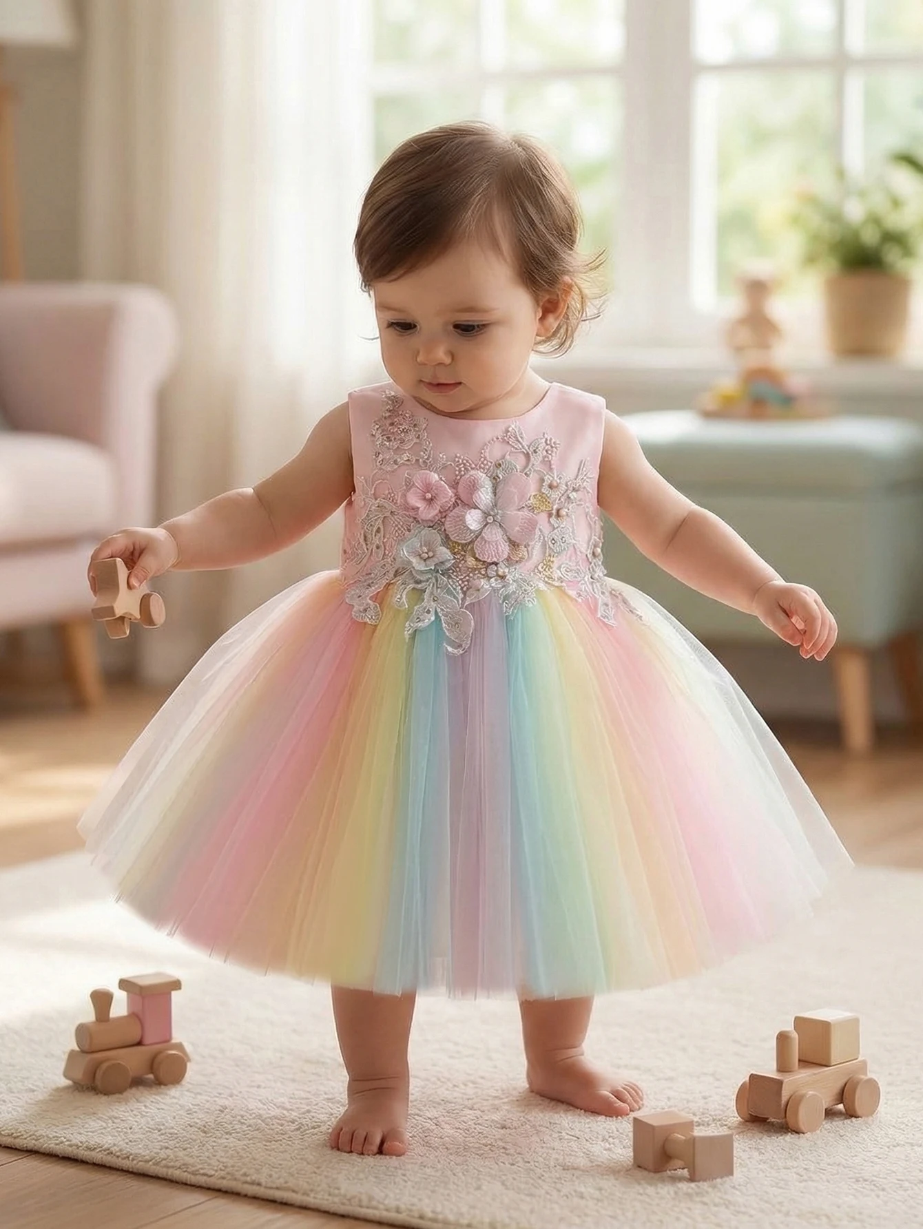 Baby Girls Rainbow Tulle Flower Dress Pastel Embroidery Sleeveless Princess Ball Gown For Birthday Party Wedding Photoshoot Gala