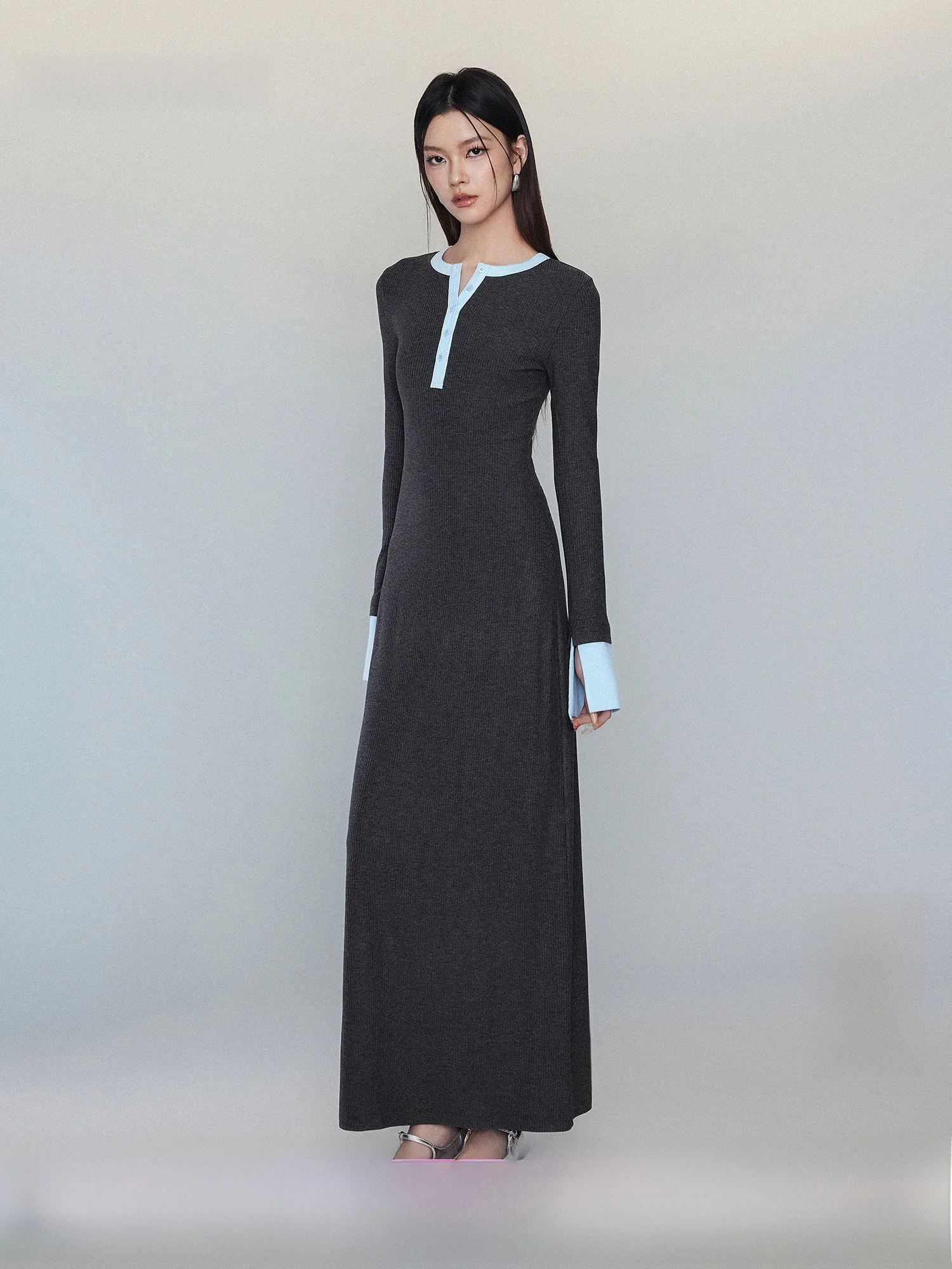 

Annachic Color Block Long Sleeve round Neck Split Dress Women's Spring Slimming Long Dress Waist Cinched A-Line Skirt