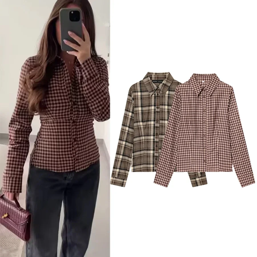 

Women Chic Plaid Shirt Women Casual Waist Cinched Slim Fit Single Breasted Vintage Shirts Spring Autumn Long Sleeve Female Tops