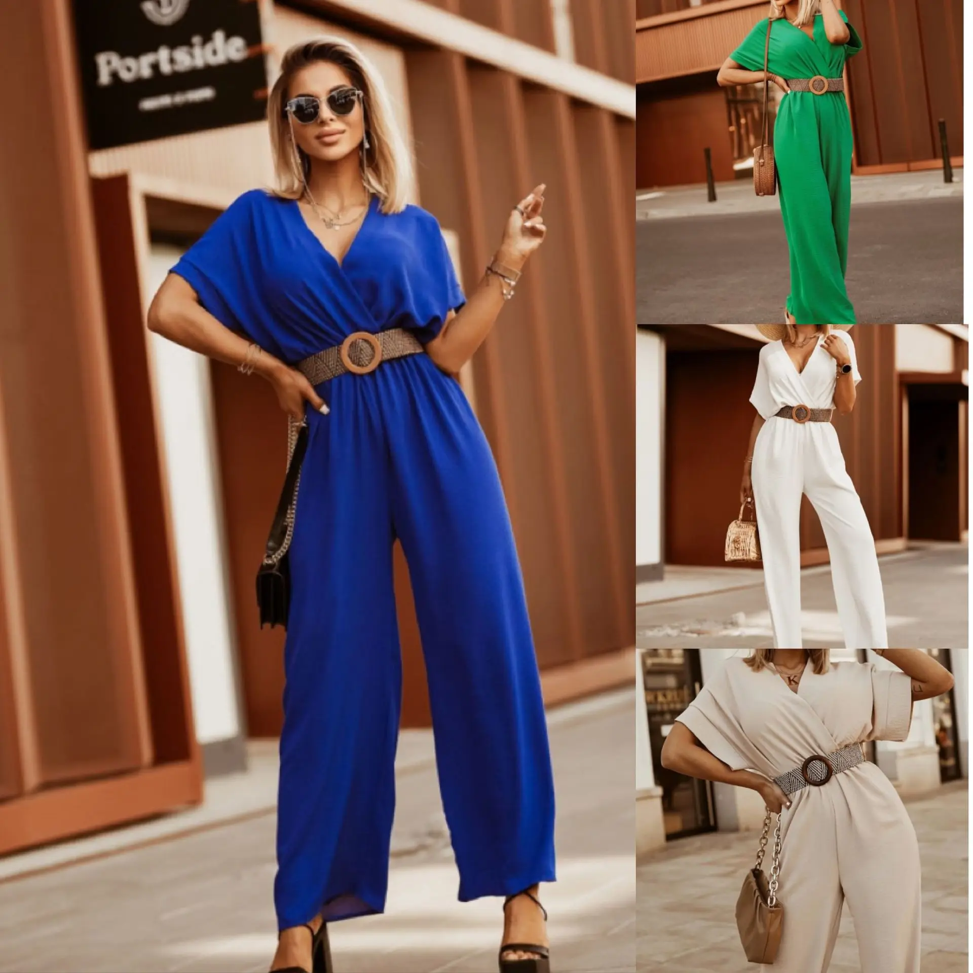 Elegant Women  Combi-pantalons Jumpsuits 2024 New Short-sleeve Bat-sleeve Elastic Waist Rompers (including Belt) Monos De Mujer