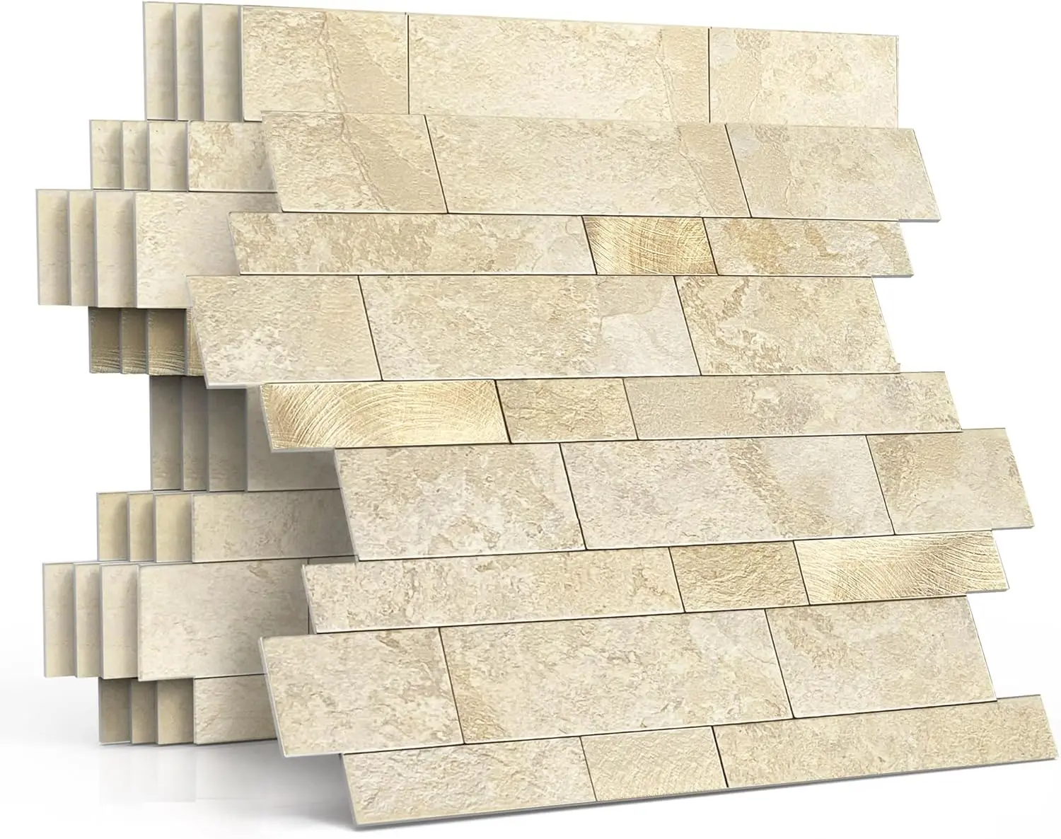 

Peel and Stick Backsplash Tile for Kitchen, 3D Stone Matte Finish Mosaic Marble Wall Stickers, Beige Gold 10 Sheets