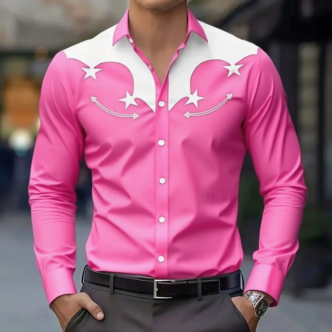 

Fashion 2025 3D printed Western denim design style men's loose button lapel long sleeved plus size shirt