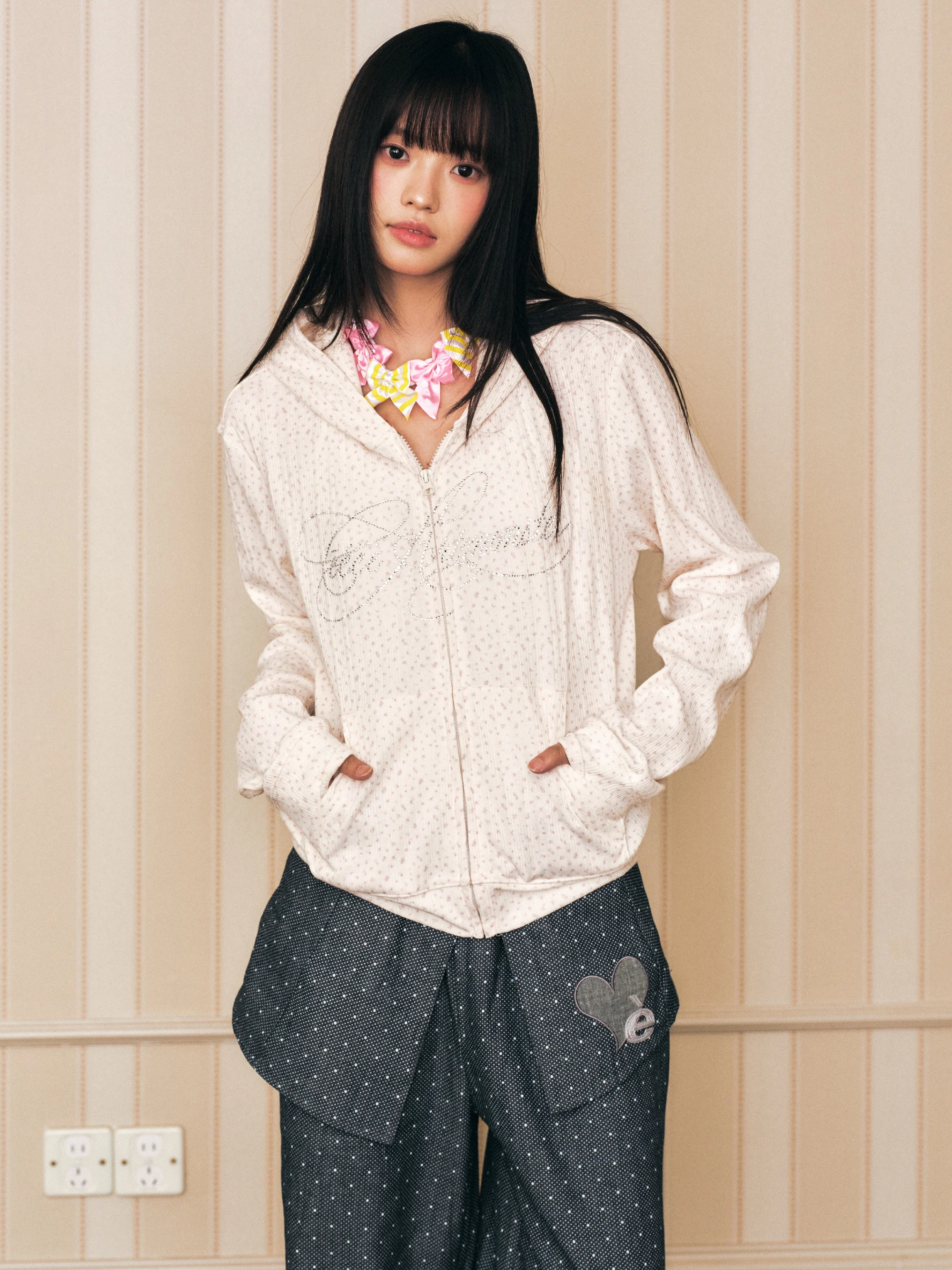 Floral Print Slim Fit Hoodie Trendy Rhinestone Letter Embellished Open Cardigan Jacket for Autumn Season Girls Fashion Wear