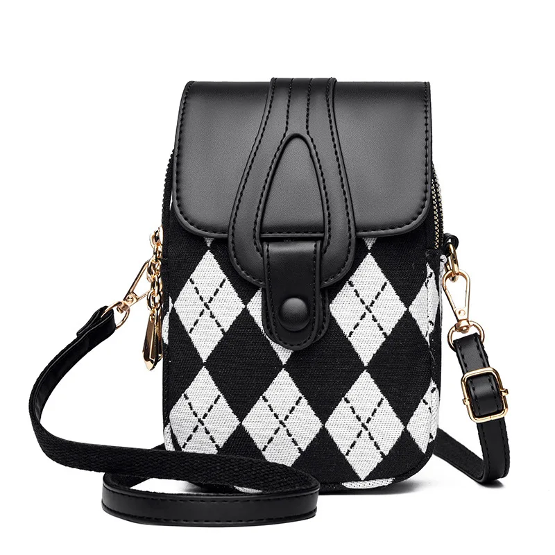 Women Vintage Plaid Mini Crossbody Phone Bag Double Layer Small Shoulder Purse For Coin Key Daily Use