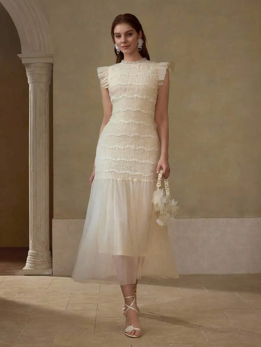 

Cream Ruched Lace Overlay Midi Dress with Tulle Skirt and Cap Sleeves