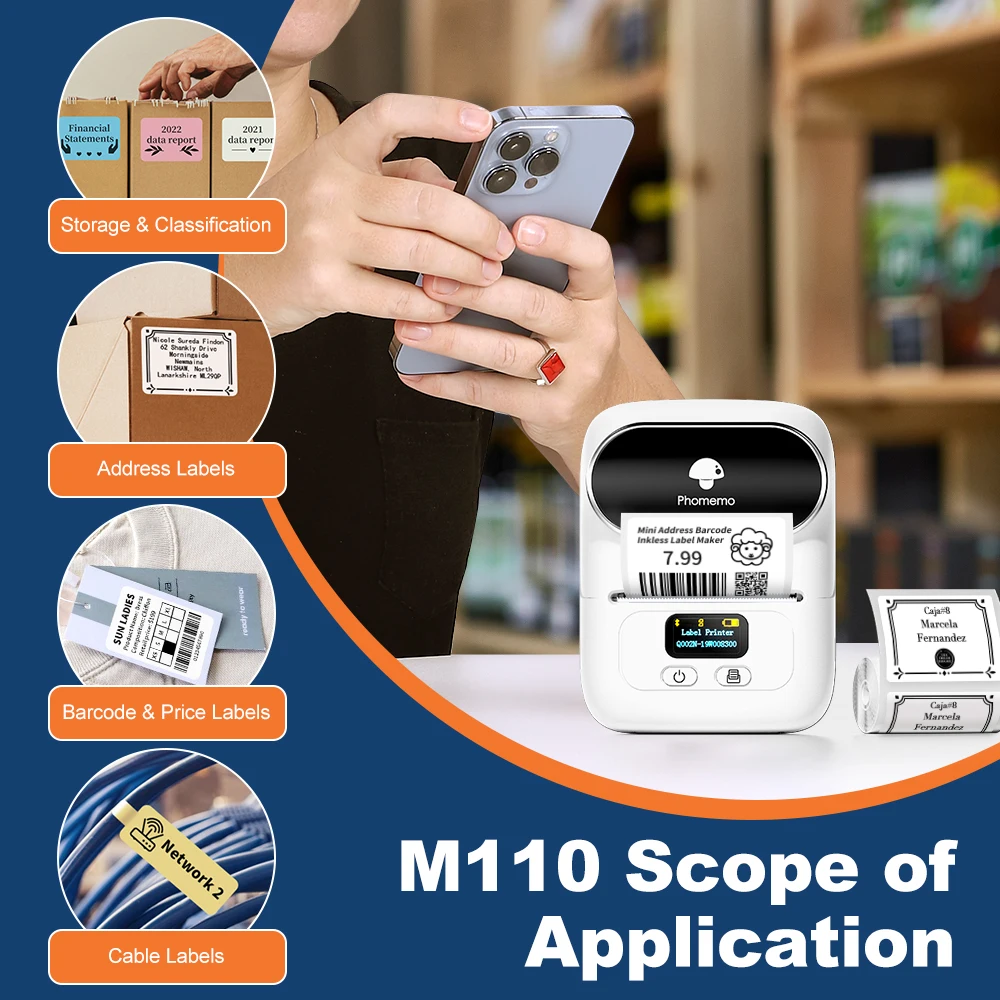 Phomemo M110 Self-adhesive Smart Thermal Label Printer for Business,Barcode Label, Price Tag, Address Wireless Sticker Printer