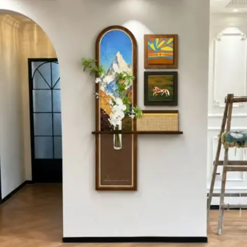 Three dimensional hydroponic green plants with ancient style entrance decoration, entrance doors, corridor wall lamps, paintings