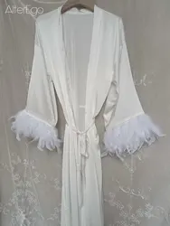 Women's Feather Long Robes Cuffs Turkey Feather Strips White Long Sleepwear Lounge Bride Wedding Party Ladies' Casual Wear Robes